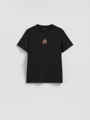 T-shirt regular z bawełny merceryzowanej - czarny. Czarne t-shirty męskie Reserved, l, bez wzorów, z bawełny, bez kołnierzyka. Za 69.99 zł.