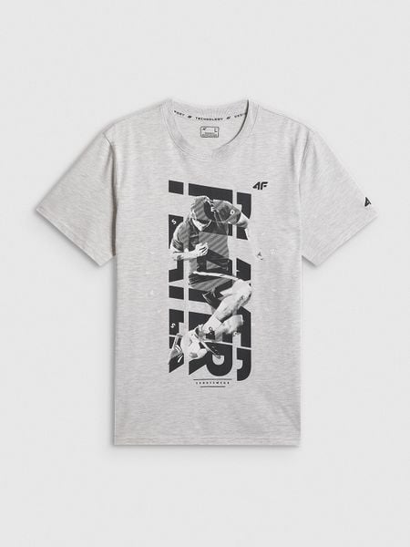 4F T-shirt regular z nadrukiem męski - szary M. Szare koszulki sportowe męskie 4f, m, bez wzorów, z bawełny, klasyczne, bez kołnierzyka. Za 69.99 zł.