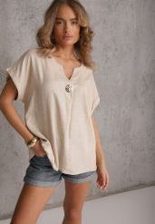 Beżowa Bluzka z Lnem i Wiskozą o Nietoperzowym Kroju z Krótkim Rękawem Herira. Brązowe bluzki damskie Renee, l, z aplikacjami, z bawełny, casualowe, bez kołnierzyka, bez ramiączek. Za 69.99 zł.