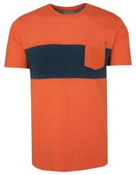 T-Shirt Granatowo-Pomarańczowy w Pasy, z Kieszonką, Męski, Koszulka, Krótki Rękaw, U-neck. Niebieskie t-shirty męskie Porthal, na lato, m, bez wzorów, z bawełny, casualowe, bez kołnierzyka. Za 115.00 zł.