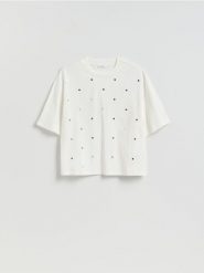 Bawełniany t-shirt z aplikacją - biały. Białe t-shirty damskie Reserved, l, z aplikacjami, z bawełny, bez kołnierzyka. Za 79.99 zł.