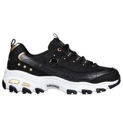 Buty do chodzenia damskie Skechers Dlites. Czarne obuwie sportowe damskie Skechers, bez wzorów, z gumy, trekkingowe. Za 431.00 zł.
