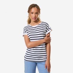 Koszulka marynarska żeglarska damska Decathlon Sailing 100 krótki rękaw. Białe koszulki sportowe damskie TRIBORD, xs, bez wzorów, z bawełny, sportowe, bez kołnierzyka. Za 69.99 zł.