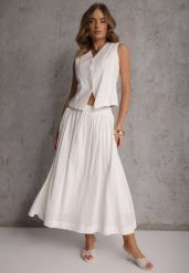 Biały Komplet z Bawełny Kamizelka i Spódnica o Rozkloszowanym Kroju Movenae. Białe spódnice damskie Renee, na lato, m, bez wzorów, z bawełny, eleganckie, dopasowane. Za 169.99 zł.