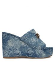Guess Klapki FLJEV2 DEN04 Niebieski. Niebieskie klapki damskie Guess, z aplikacjami, z materiału, bez obcasa. Za 549.99 zł.