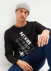 Bluzka z długim rękawem z czystej bawełny organicznej. Czarne bluzki z długim rękawem męskie bonprix, m, bez wzorów, z bawełny, bez kołnierzyka. Za 64.99 zł.