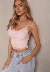 Różowy Koronkowy Top z Wiskozą Ridivanya. Czerwone bluzki damskie Renee, l, z aplikacjami, z jeansu, eleganckie, bez kołnierzyka, bez ramiączek. Za 54.99 zł.