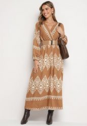 Beżowa Kopertowa Sukienka z Wiskozą w Orientalny Wzór z Paskiem i Gumką w Talii Sagizia. Brązowe sukienki damskie Born2be, do pracy, l, bez wzorów, z wiskozy, biznesowe, bez kołnierzyka, bez ramiączek, maxi, dopasowane. Za 59.99 zł.