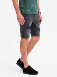 Męskie krótkie spodenki jeansowe z przetarciami i podwiniętą nogawką szare V3 OM-SRDS-0186 L. Szare krótkie spodenki sportowe męskie Ombre, l, bez wzorów, z jeansu. Za 181.54 zł.