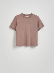 T-shirt regular z efektem sprania - brązowy. Brązowe t-shirty damskie Reserved, l, bez wzorów, z bawełny, bez kołnierzyka. W wyprzedaży za 39.99 zł.