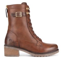 Trzewiki Remonte. Brązowe botki damskie Remonte, bez obcasa, na słupku, bez zapięcia. Za 384.99 zł.