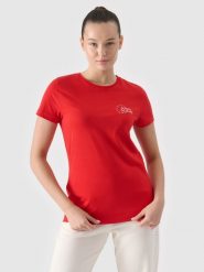 4F T-shirt slim z nadrukiem damski - czerwony XS. Czerwone koszulki sportowe damskie 4f, xs, bez wzorów, z bawełny, klasyczne, bez kołnierzyka. W wyprzedaży za 29.99 zł.