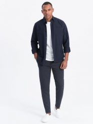 Spodnie męskie CARROT ze strukturalnej dwukolorowej dzianiny - granatowe V1 OM-PACP-0168 - XXL. Niebieskie spodnie materiałowe męskie Ombre Clothing, l, bez wzorów, z bawełny, casualowe. Za 179.99 zł.