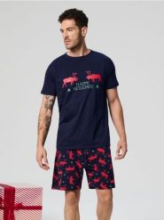 Piżama dwuczęściowa - granatowy. Niebieskie piżamy męskie Sinsay, l, bez wzorów, bez ramiączek, krótkie. Za 39.99 zł.