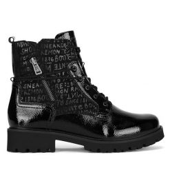 Trzewiki Remonte. Czarne botki damskie Remonte, bez obcasa, na płaskiej podeszwie, bez zapięcia. Za 359.00 zł.