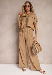 Brązowy 2-Częściowy Komplet z Wiskozy Koszula o Luźnym Kroju Szerokie Spodnie Velvitela. Brązowe koszule damskie Renee, bez wzorów, z materiału, eleganckie, bez kołnierzyka, bez ramiączek. Za 139.99 zł.