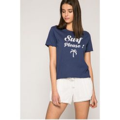 Roxy - Top. Szare topy damskie Roxy, z nadrukiem, z bawełny, z okrągłym kołnierzem, z krótkim rękawem. W wyprzedaży za 79.90 zł.