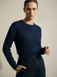 Kardigan z dekoracyjnym splotem - granatowy. Niebieskie kardigany damskie Sinsay, l, bez wzorów, ze splotem. Za 49.99 zł.