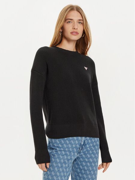 Guess Jeans Sweter W4BR08 Z3HM1 Czarny Regular Fit. Czarne swetry damskie Guess Jeans, xs, z aplikacjami, z bawełny, bez kołnierzyka, bez ramiączek, bez kaptura. Za 219.99 zł.