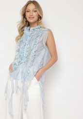 Niebieska Koszula z Ozdobnymi Falbanami Adoria. Niebieskie bluzki damskie Born2be, na lato, m, bez wzorów, eleganckie, bez kołnierzyka, bez ramiączek. Za 139.99 zł.