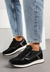 Czarne Sneakersy Ozdobione Suwakiem i Metalicznymi Wstawkami Alua. Czarne obuwie sportowe damskie Renee, z aplikacjami, z jeansu. Za 119.99 zł.