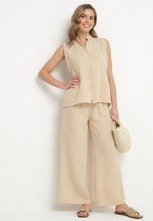 Beżowy Komplet Koszula bez Rękawów i Szerokie Spodnie z Gumką w Pasie Telanwena. Brązowe koszule damskie Born2be, na wiosnę, xl, bez wzorów, eleganckie, bez kołnierzyka, bez ramiączek. Za 84.99 zł.