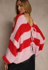 Czerwony Oversizowy Kardigan w Paski z Wiązaniem z Domieszką Wełny i Wiskozy Retile. Czerwone kardigany damskie Renee, m, bez wzorów, z dzianiny. Za 159.99 zł.