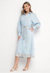 Niebieska Wiskozowa Sukienka Koszulowa Szmizjerka z Paskiem Telandora. Niebieskie sukienki damskie Born2be, na co dzień, l, bez wzorów, z wiskozy, eleganckie, bez kołnierzyka, bez ramiączek, midi, koszulowe. Za 159.99 zł.