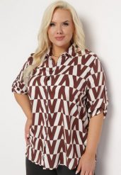 Brązowo-Beżowa Koszula w Geometryczny Wzór o Luźnym Kroju Tarnie. Brązowe bluzki damskie Born2be, xl, bez wzorów, eleganckie, bez kołnierzyka, bez ramiączek. Za 84.99 zł.