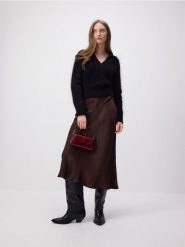 Spódnica midi z satynowym wykończeniem - ciemnobrązowy. Brązowe spódnice damskie Reserved, l, bez wzorów, z satyny, maxi, proste. W wyprzedaży za 89.99 zł.