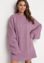 Fioletowy Sweter o Wydłużonym Fasonie z Modnym Splotem Ahexa. Fioletowe swetry damskie Born2be, bez wzorów, ze splotem, bez kołnierzyka, bez ramiączek, długie, bez kaptura. Za 189.99 zł.