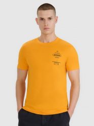 4F T-shirt regular z nadrukiem męski - pomarańczowy M. Brązowe koszulki sportowe męskie 4f, m, bez wzorów, z bawełny, klasyczne, bez kołnierzyka. Za 69.99 zł.