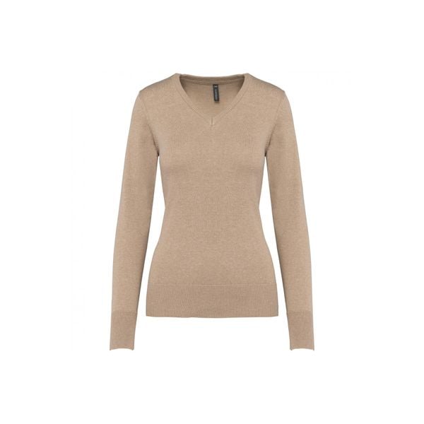 Damski sweter v-neck Kariban. Brązowe swetry damskie KARIBAN, xl, bez wzorów, z bawełny, eleganckie, bez kołnierzyka, bez ramiączek, bez kaptura. Za 181.00 zł.