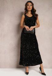 Czarna Sukienka Maxi na Ramiączkach w Cekiny Misona. Czarne sukienki damskie Renee, l, bez wzorów, bez kołnierzyka, bez ramiączek, maxi. Za 159.99 zł.