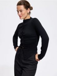 Bluzka z marszczeniem - czarny. Czarne bluzki damskie Reserved, l, bez wzorów, z dzianiny, bez kołnierzyka, bez ramiączek. Za 79.99 zł.