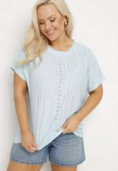 Jasnoniebieski Klasyczny T-shirt z Bawełną Nilavienna. Niebieskie bluzki damskie Born2be, uniwersalny, bez wzorów, z bawełny, klasyczne, bez kołnierzyka. Za 34.99 zł.