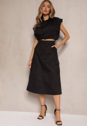 Czarny Komplet w Stylu Utility Koszula Cropped Bez Rękawów i Spódnica z Kieszeniami Notcha. Czarne koszule damskie Renee, m, bez wzorów, klasyczne, mini, koszulowe. Za 74.99 zł.