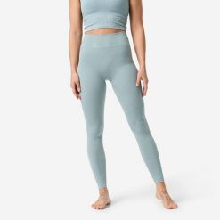 Legginsy do jogi i pilatesu damskie. Niebieskie legginsy damskie Decathlon, l, bez wzorów, z elastanu, z podwyższonym stanem, długie, na fitness i siłownię. Za 129.99 zł.