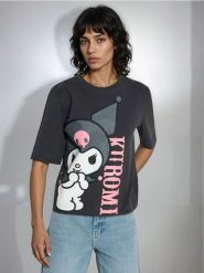 Bawełniana koszulka z krótkim rękawem Kuromi - szary. Szare t-shirty damskie Sinsay, l, bez wzorów, z bawełny, bez kołnierzyka. Za 29.99 zł.