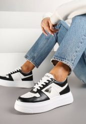 Czarno-Białe Sneakersy Vices na Platformie z Perforacją i Geometryczną Aplikacją Vilvesia. Czarne obuwie sportowe damskie Renee, z aplikacjami, z jeansu. Za 99.99 zł.