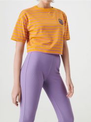 Bawełniana koszulka w paski z haftem - wielobarwny. T-shirty damskie Sinsay, l, bez wzorów, z bawełny, bez kołnierzyka. Za 12.99 zł.