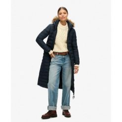 Płaszcz Super Longline Fuji. Niebieskie płaszcze damskie Superdry., bez wzorów, eleganckie, bez kaptura. W wyprzedaży za 640.45 zł.