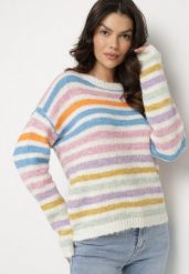 Niebieski Sweter w Kolorowe Paski z Wełną Amleva. Niebieskie swetry damskie Born2be, m, bez wzorów, z jeansu, eleganckie, bez kołnierzyka, bez ramiączek, długie, bez kaptura. Za 119.99 zł.