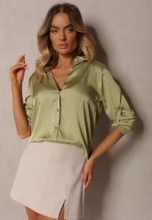 Jasnozielona Gładka Koszula z Satynowego Materiału Elariala. Zielone bluzki damskie Renee, l, bez wzorów, z satyny, klasyczne, bez kołnierzyka, bez ramiączek. Za 49.99 zł.