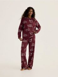 Dwuczęściowa piżama w koty - mahoniowy. Brązowe piżamy damskie Reserved, l, bez wzorów, z bawełny, bez ramiączek. Za 99.99 zł.