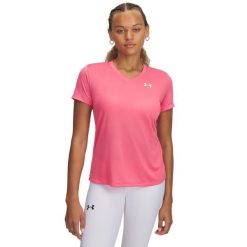 Koszulka treningowa damska z dekoltem w serek Under Armour Tech™. Białe t-shirty damskie Under Armour, bez wzorów, z materiału, bez kołnierzyka. Za 186.50 zł.