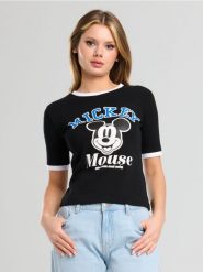 Koszulka z nadrukiem Mickey Mouse - czarny. Czarne t-shirty damskie Sinsay, l, bez wzorów, bez kołnierzyka. Za 39.99 zł.