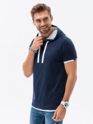 T-shirt męski z kapturem - granatowy V4 - Rozmiar: M. Niebieskie t-shirty męskie Ombre Clothing, m, bez wzorów, z bawełny, klasyczne, bez kołnierzyka. W wyprzedaży za 29.99 zł.