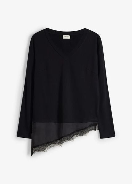 Bluzka ciążowa, 2 w 1, z koronką. Czarne bluzki damskie bonprix, bez wzorów, z koronki, bez kołnierzyka, moda ciążowa, bez ramiączek. Za 124.99 zł.