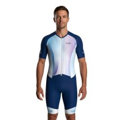 Kombinezon Triathlon z długim zasięgiem nadmiernie oddychająca - niebieska. Niebieskie buty sportowe męskie C-LAB, ze skóry, bez zapięcia, rowerowe. Za 1,037.50 zł.